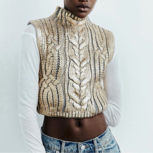 Zara Sweaters - NWT - Zara Gold Metallic Cable Knit Sweater Vest